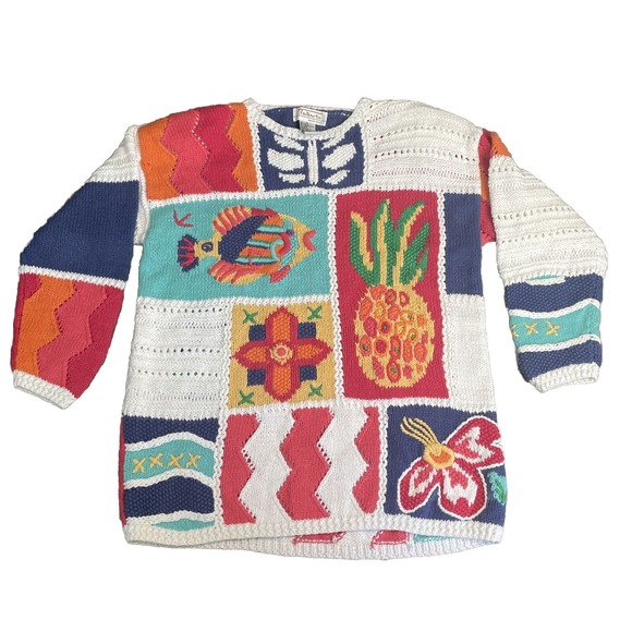 Talbots Hand Knit Patchwork Spring Pullover Sweater Fish Pineapple Women’s Small - Picture 1 of 7